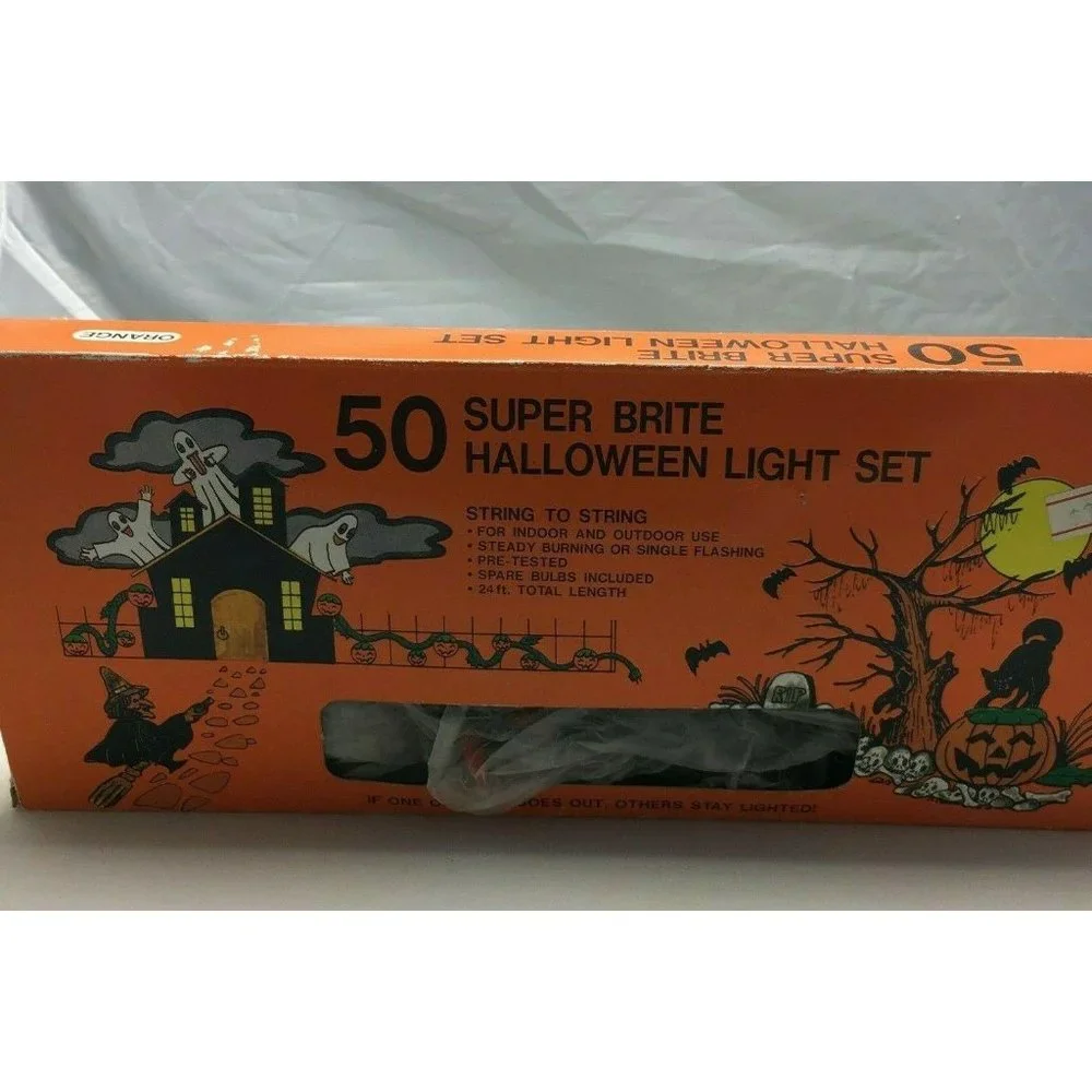 50 Super Brite Orange Halloween Light Set Indoor Outdoor Steady Or Flashing 24ft